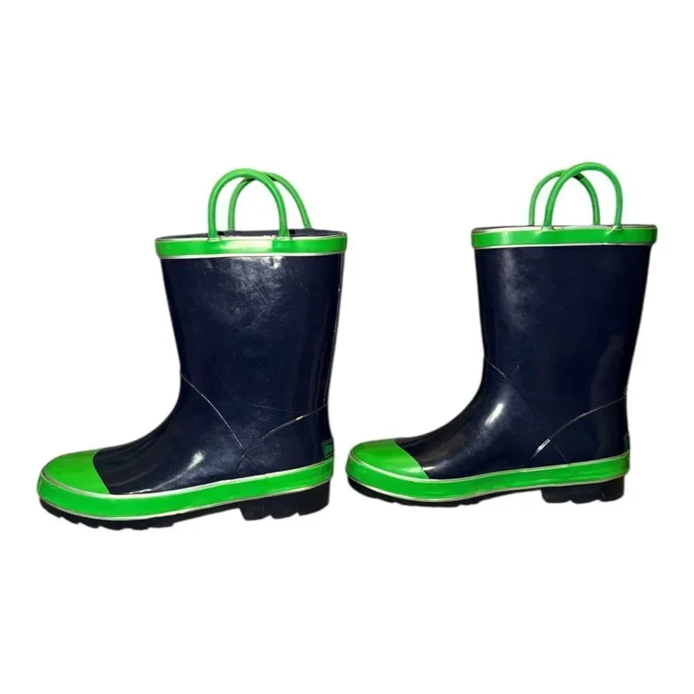 Northside Unisex Child Classic Rain Boots Navy Blue & Green Pull On 2M EUC